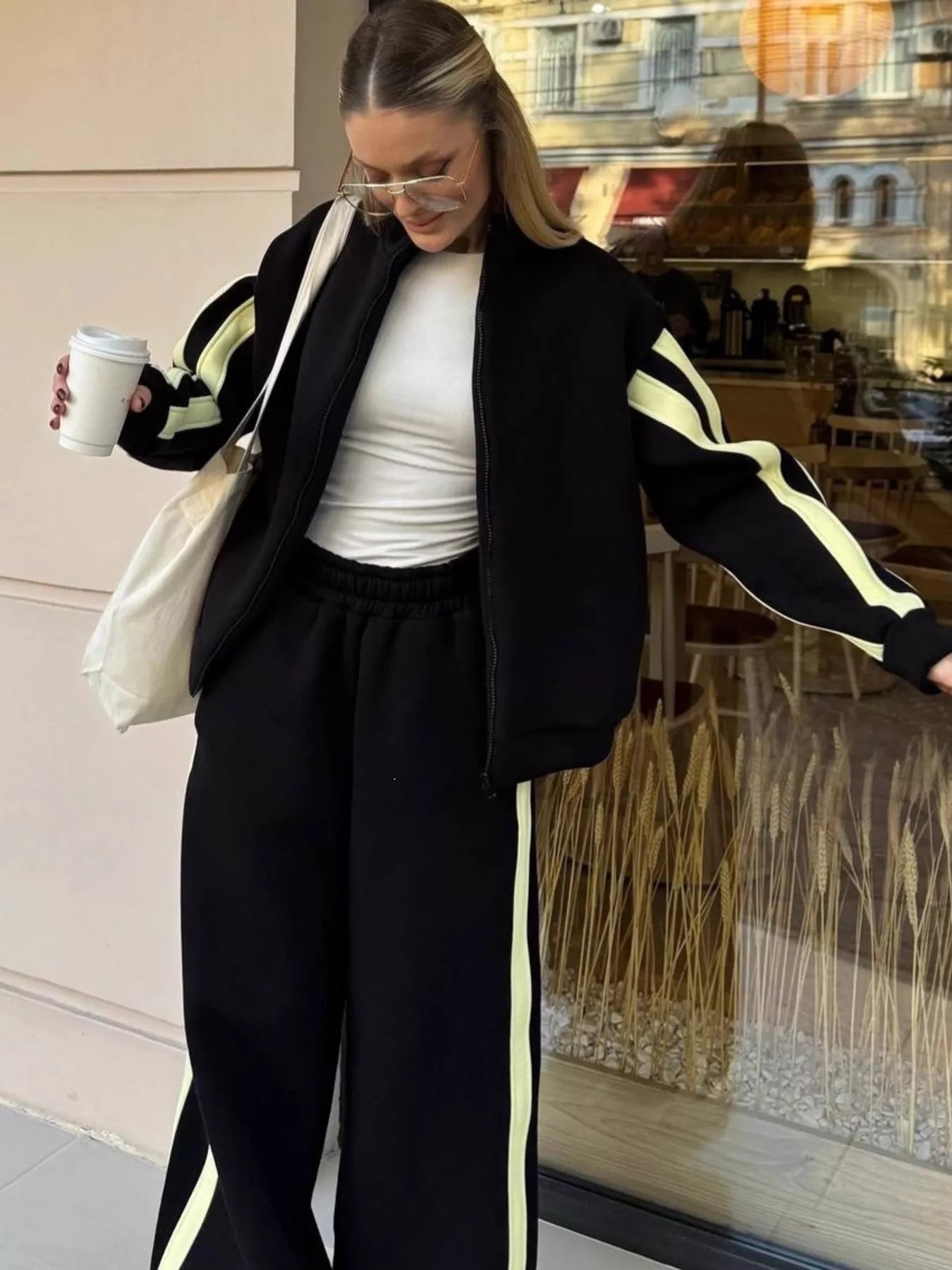 Contrast Striped Zip Up Top and Pants Set