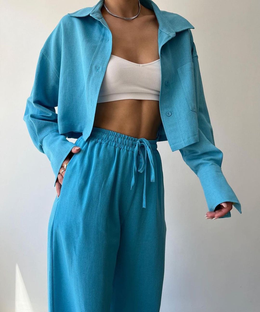 Solid Color Long Sleeves Shirt & Drawstring Pants Suit