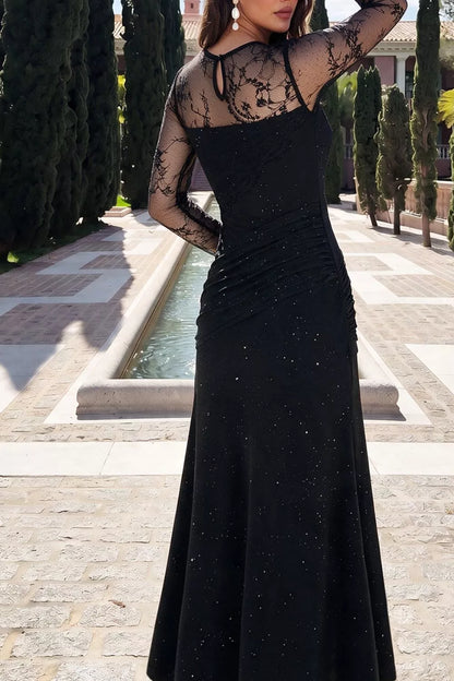 Glitter Mesh Long Sleeve Maxi Dress