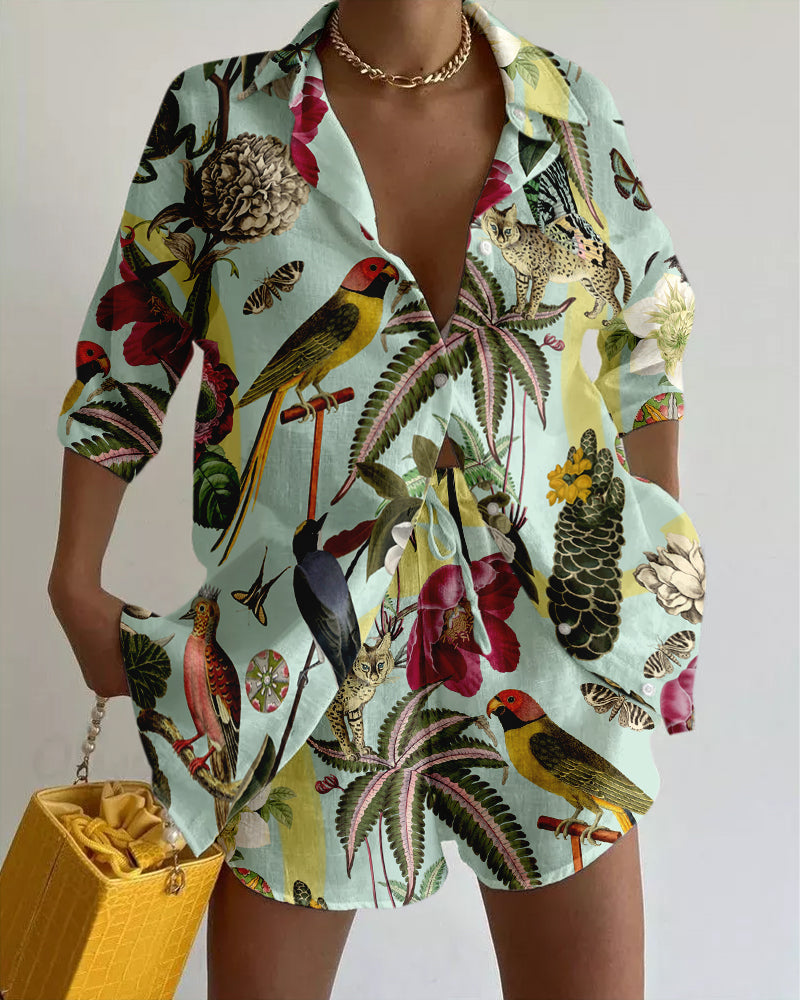 Jungle bird print vacation two-piece set