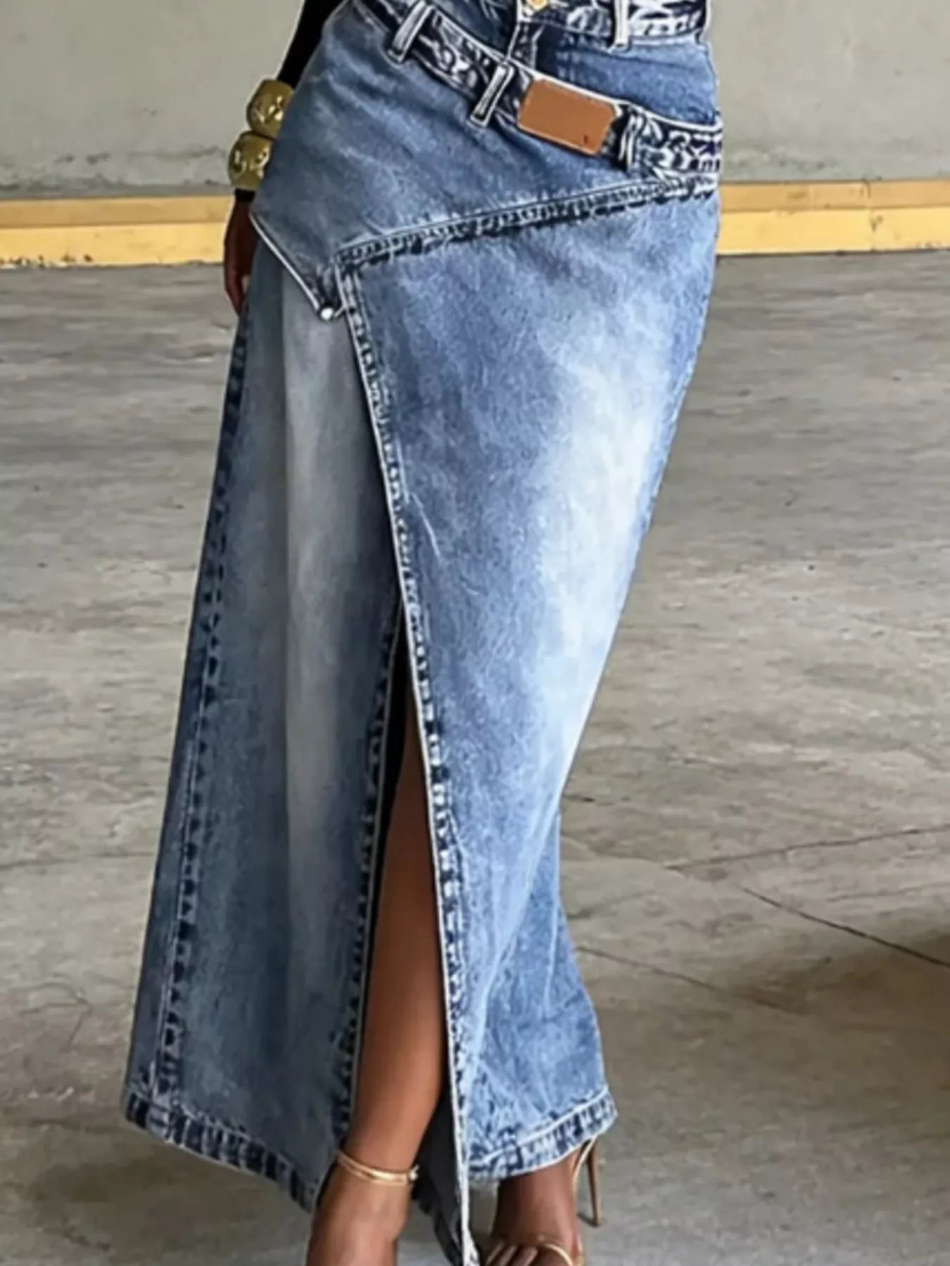 High-Waisted Asymmetric Slit Denim Maxi Skirt