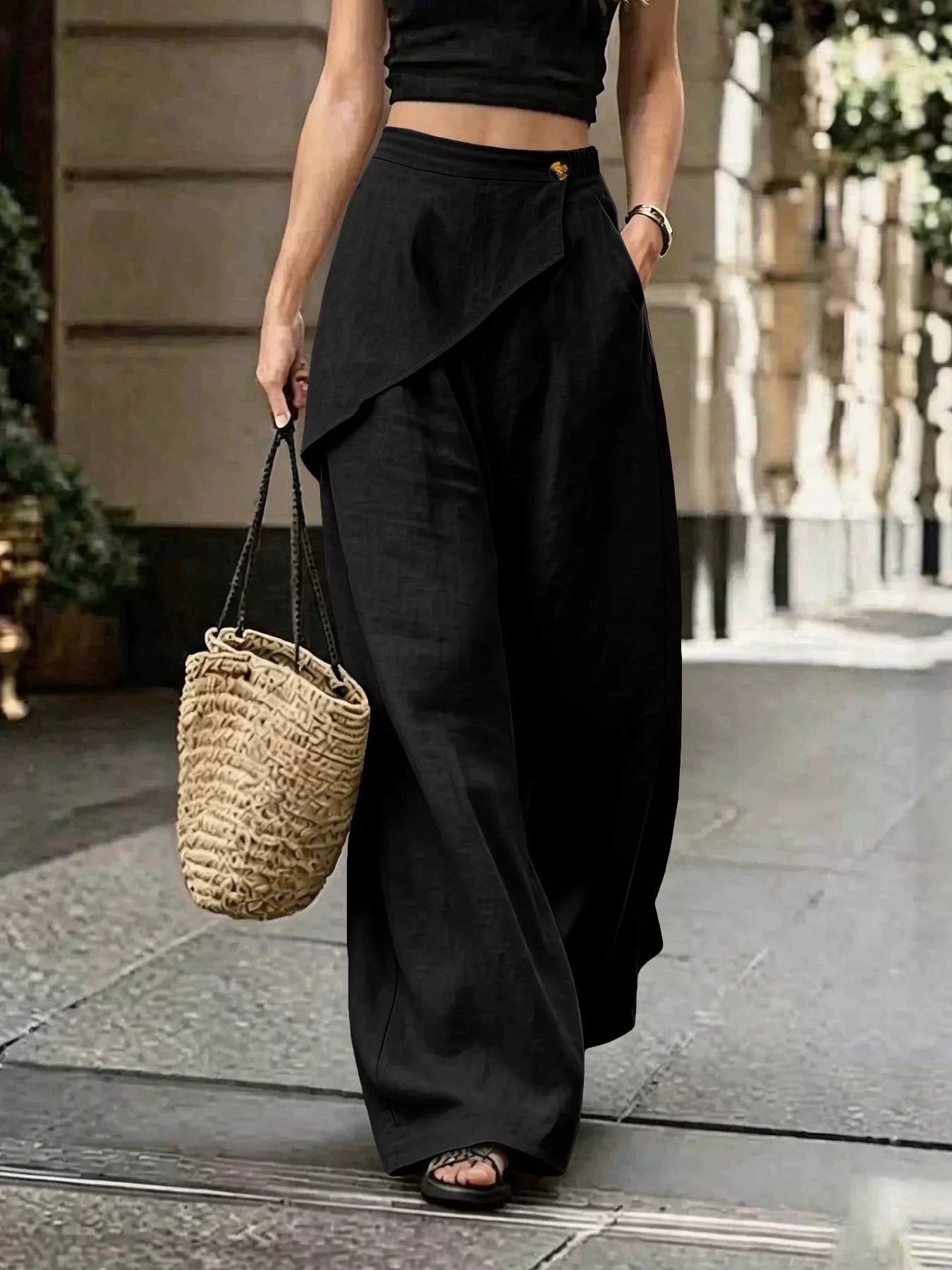 Asymmetrical Wrap Wide-Leg Pants