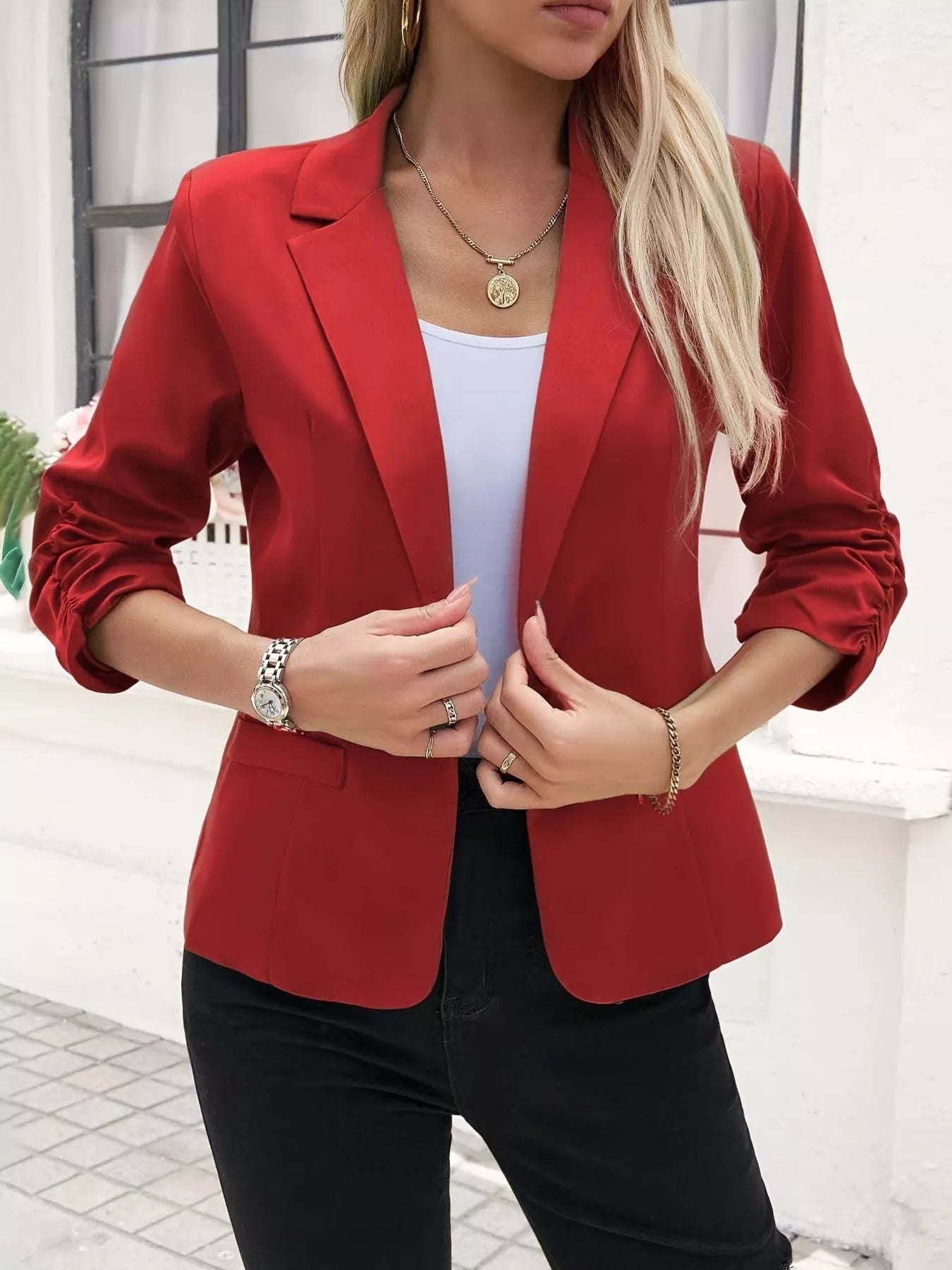 Plus Size Lapel Collar Blazer | Ruched Sleeve Jacket