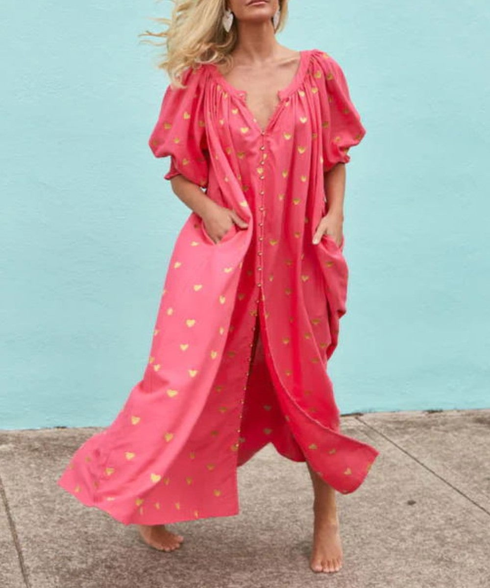 Golden Love Bubble Sleeves Maxi Dress