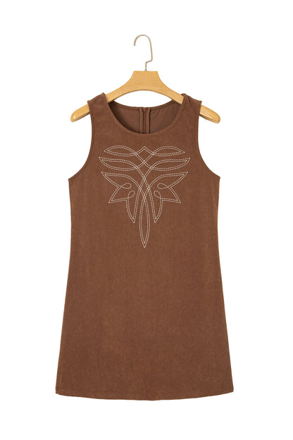 Coffee Geometric Embroidery Sleeveless Corduroy Shift Dress