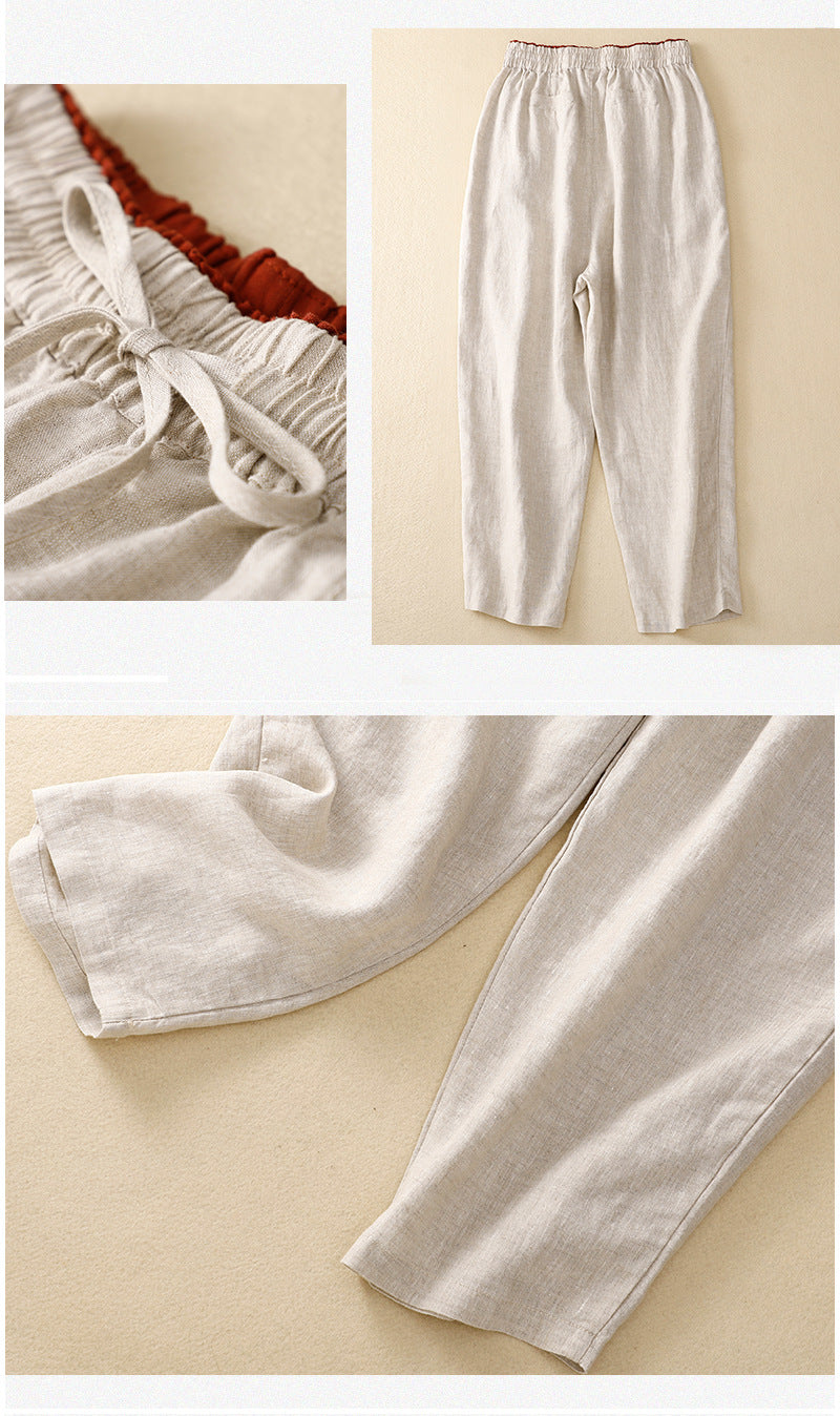 Cotton linen tie casual cropped pants