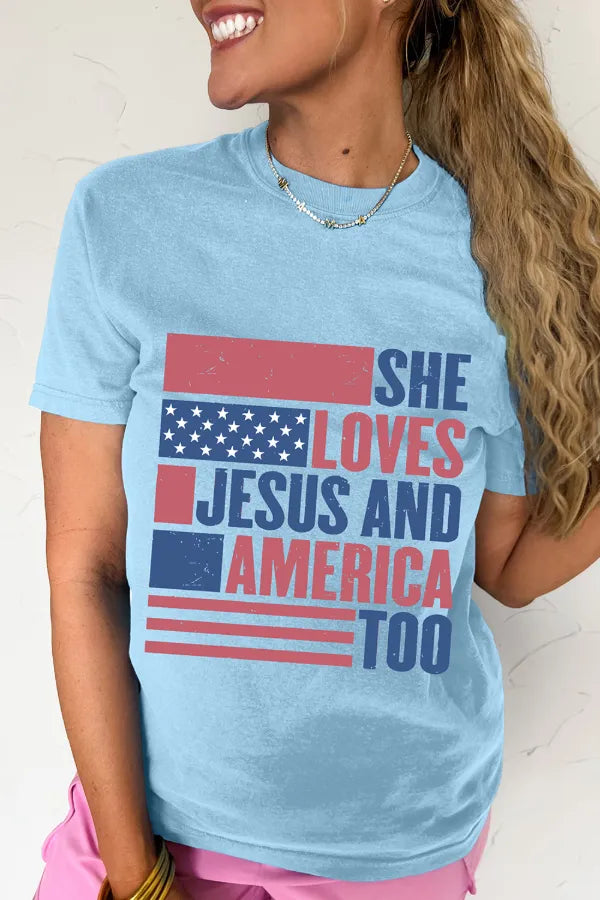 Patriotic Us Flag Round Neck Short Sleeve T-Shirt