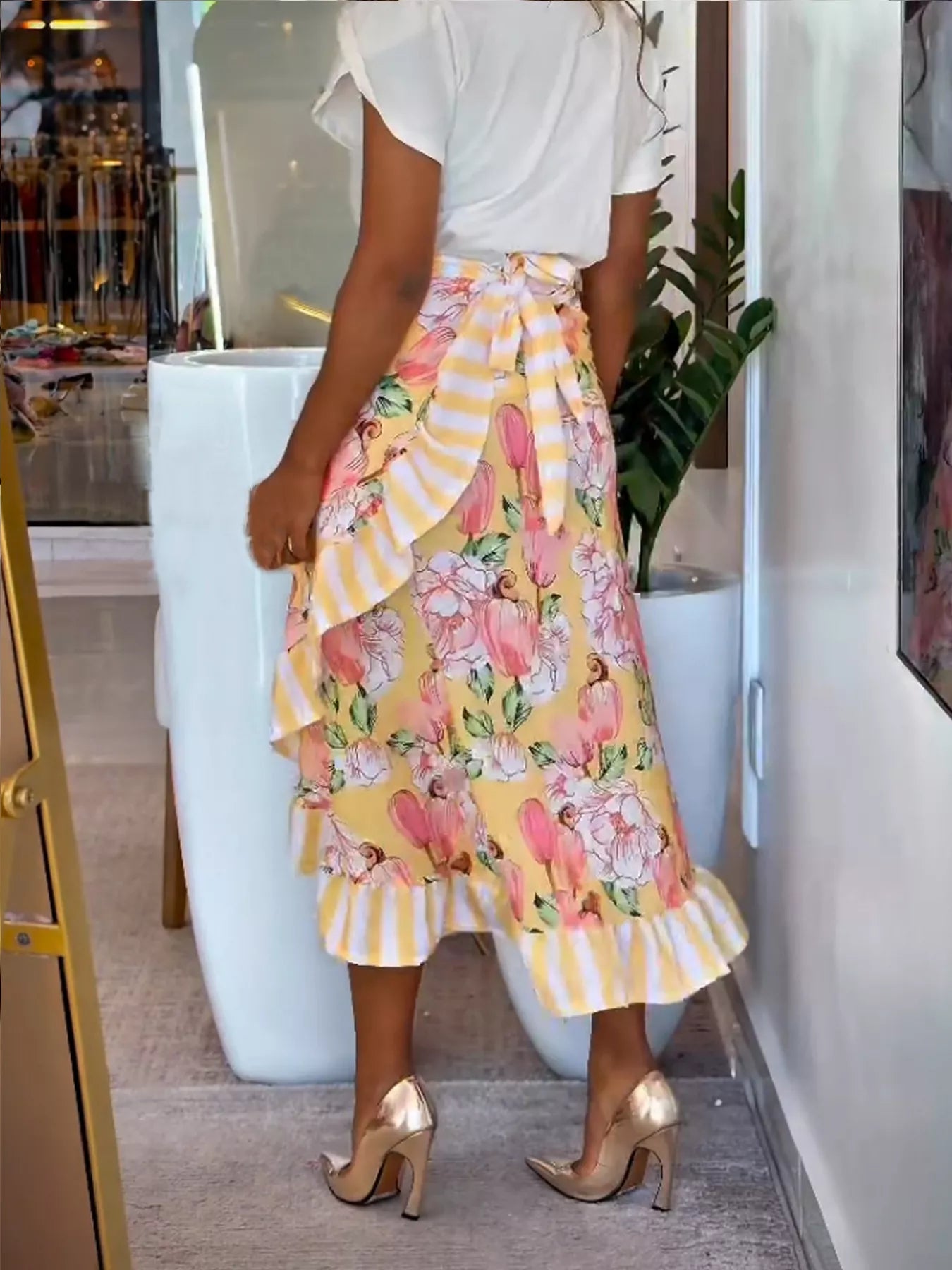 Floral Print Ruffle Hem Midi Skirt