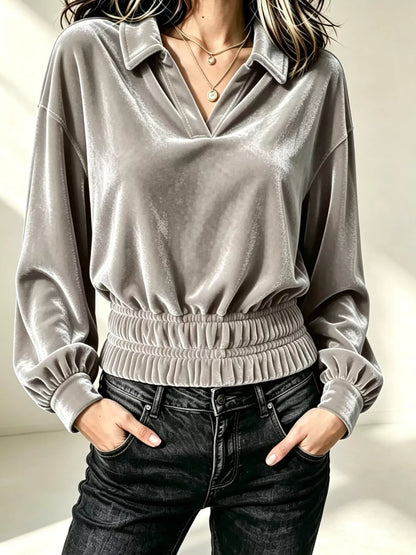 Velvet Johnny Collar Long Sleeve Blouse