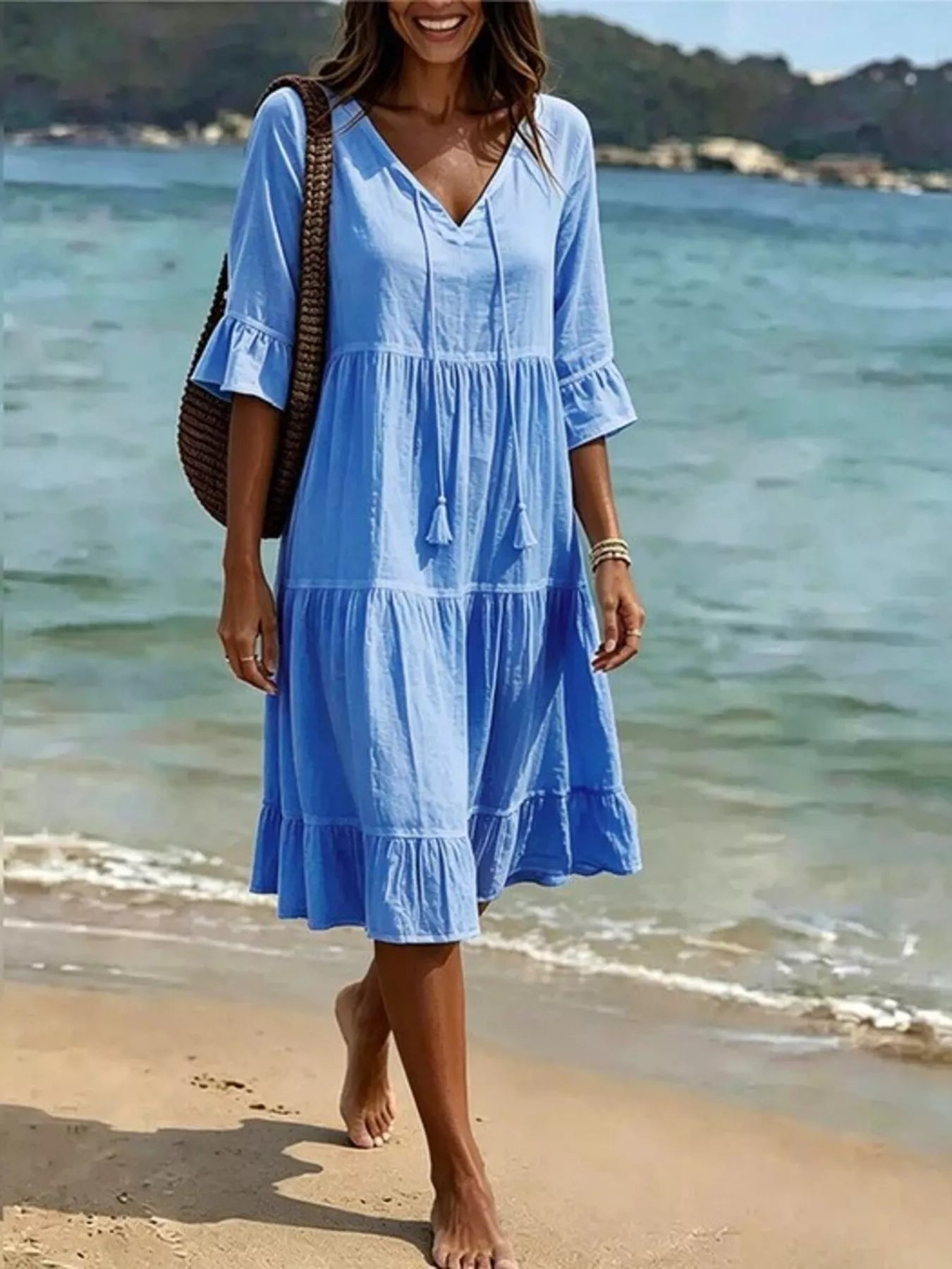 Full Size Tiered Tie Neck Flounce Sleeve Dress Plus Size