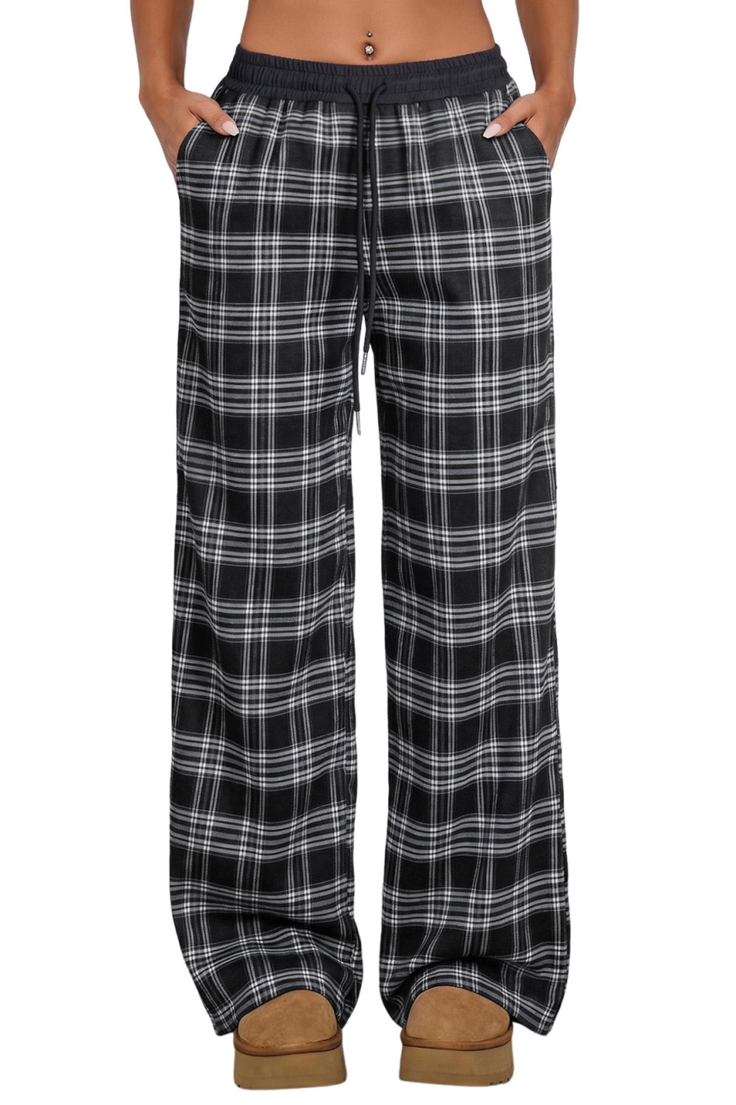 Black Frenchy Plaid Pattern Contrast Drawstring Waist Wide Leg Pants