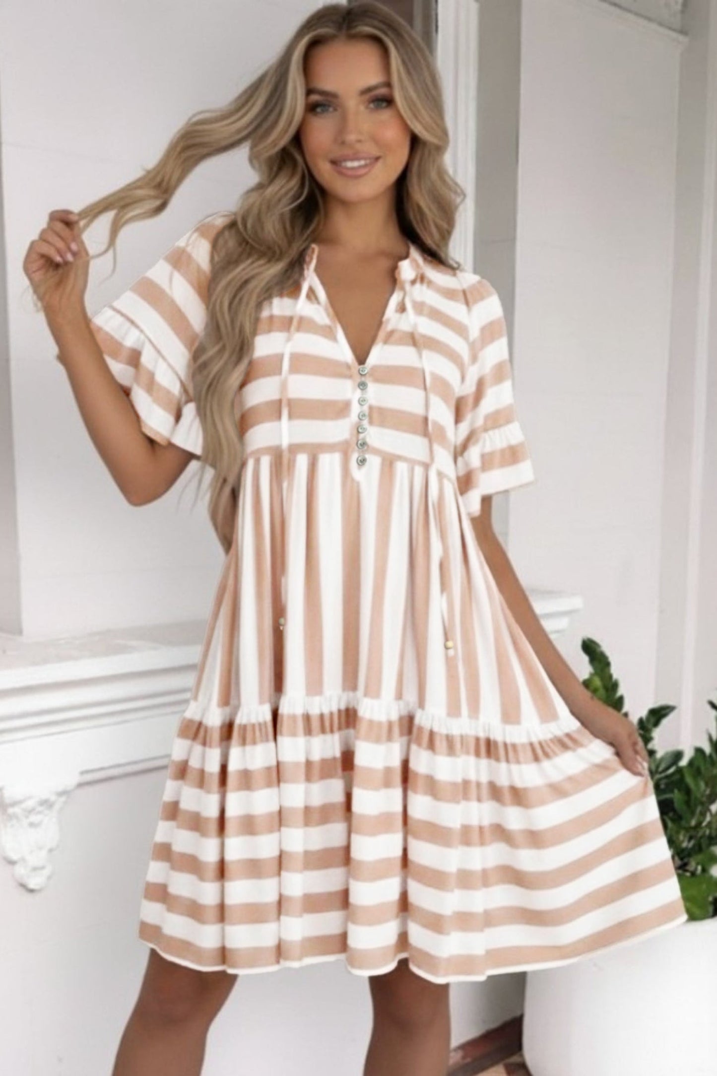 Khaki Stripe Tie V Neck Ruffle Trim Short Sleeve Flared Summer Dress