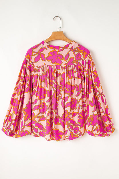 Anne's Pink Floral Print Batwing Sleeve Buttoned Loose Fit Shirt