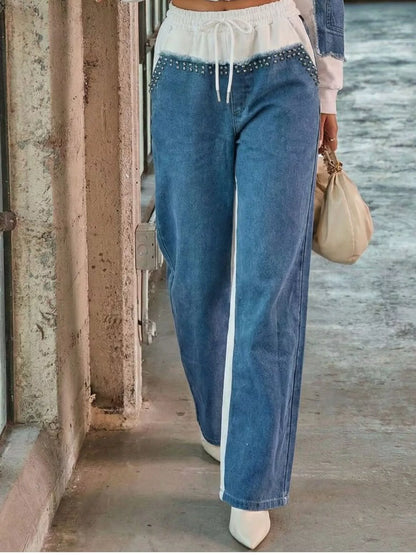 Full Size Studded Denim Patchwork Hoodie and Joggers Set Plus Size