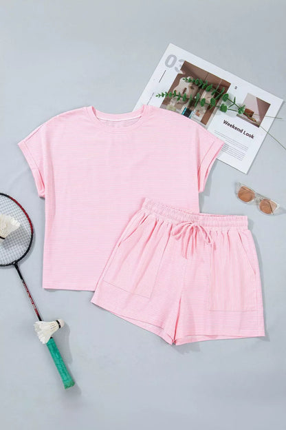Stripe Matching Oversized Tee and Drawstring Shorts Set
