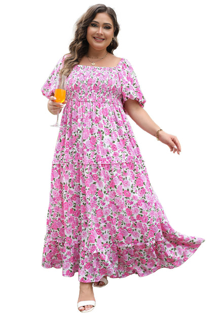 Blue Zone Planet | Pink Plus Size Floral Print Smocked Puff Sleeve Dress