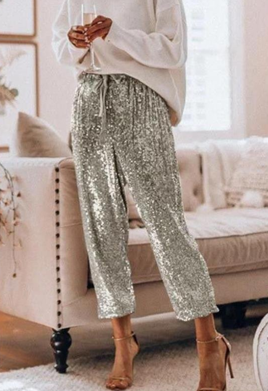 Drawstring Mid Waist Glitter Sequin Pants
