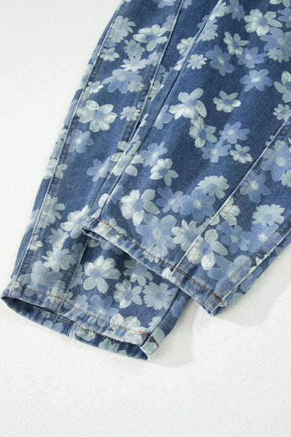 Dainty Floral Printed Drawstring Barrel Jeans