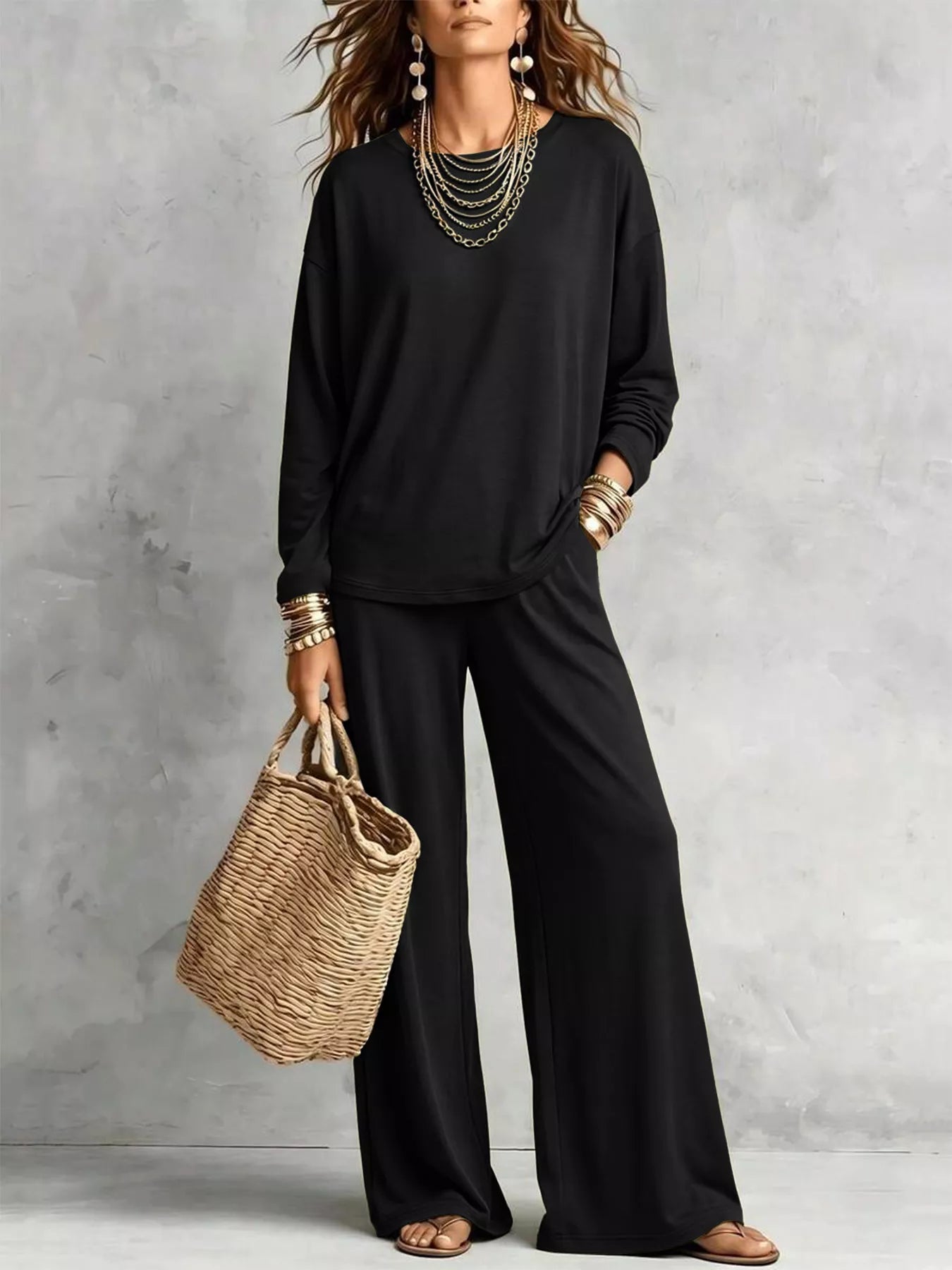 Round Neck T-Shirt and Wide-Leg Pants Set