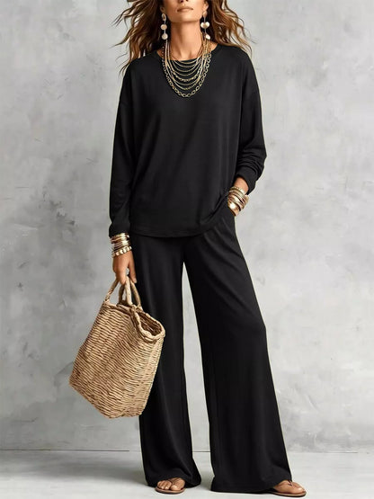 Round Neck T-Shirt and Wide-Leg Pants Set