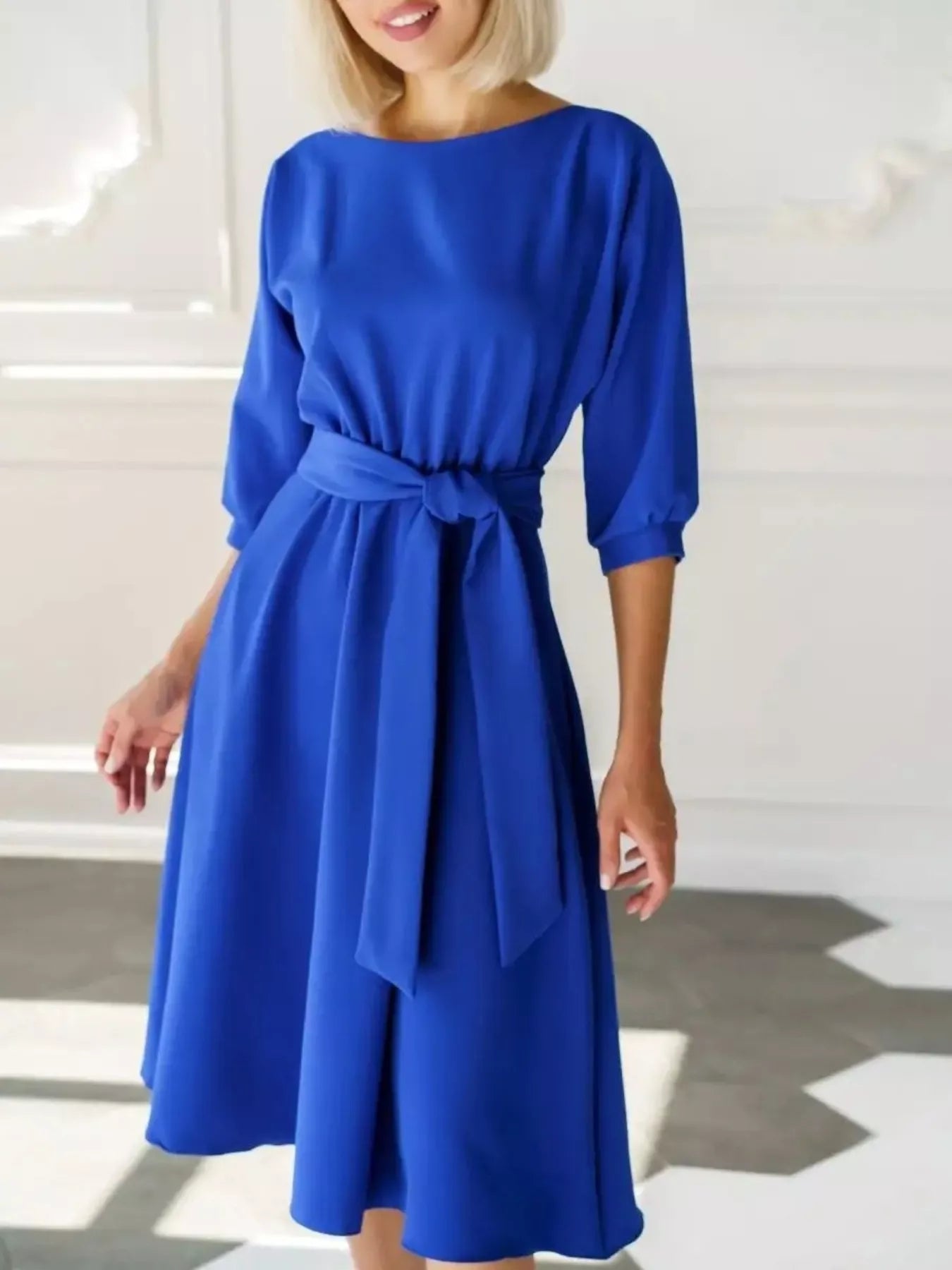 Elegant Belted Waist Midi Dress