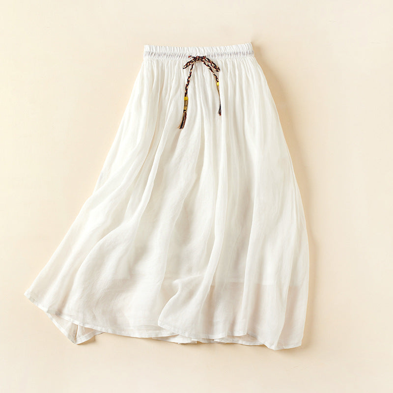 Mid Length Double Layer Skirt Elastic Waist Tie Pleated Skirt