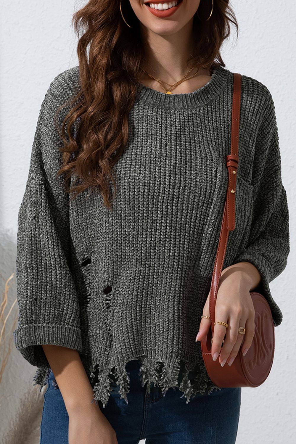 Blue Zone Planet | Distressed Round Neck Drop Shoulder Sweater