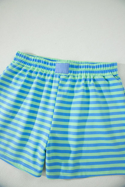 Green Stripe Striped Ribbed Cotton Two-Piece Pant Set with Chest Patch Detail