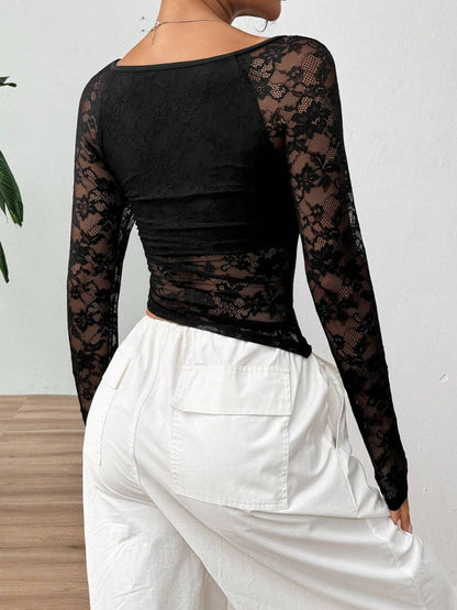Square Neck Long Sleeve Lace Top