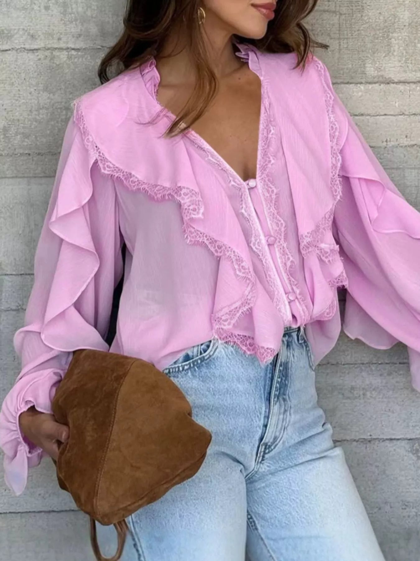 V-Neck Ruffled Lace Trim Blouse