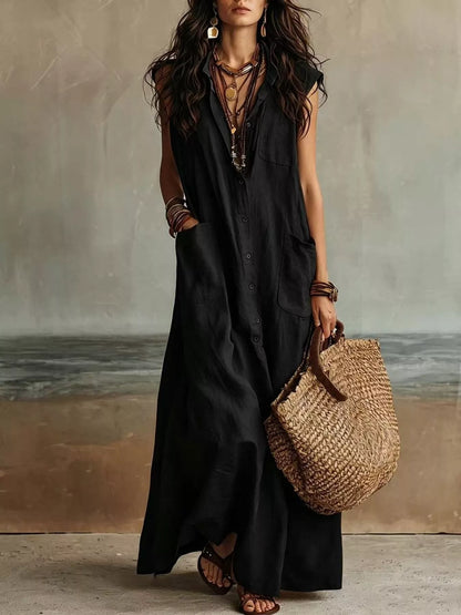 Sleeveless Button-Down Linen Maxi Dress