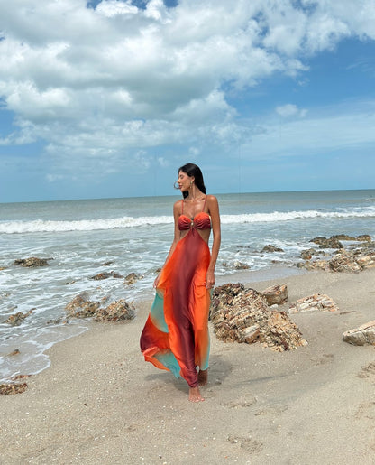 Robe longue de vacances à imprimé coucher de soleil fluo, avec découpes dans le dos et liens à nouer