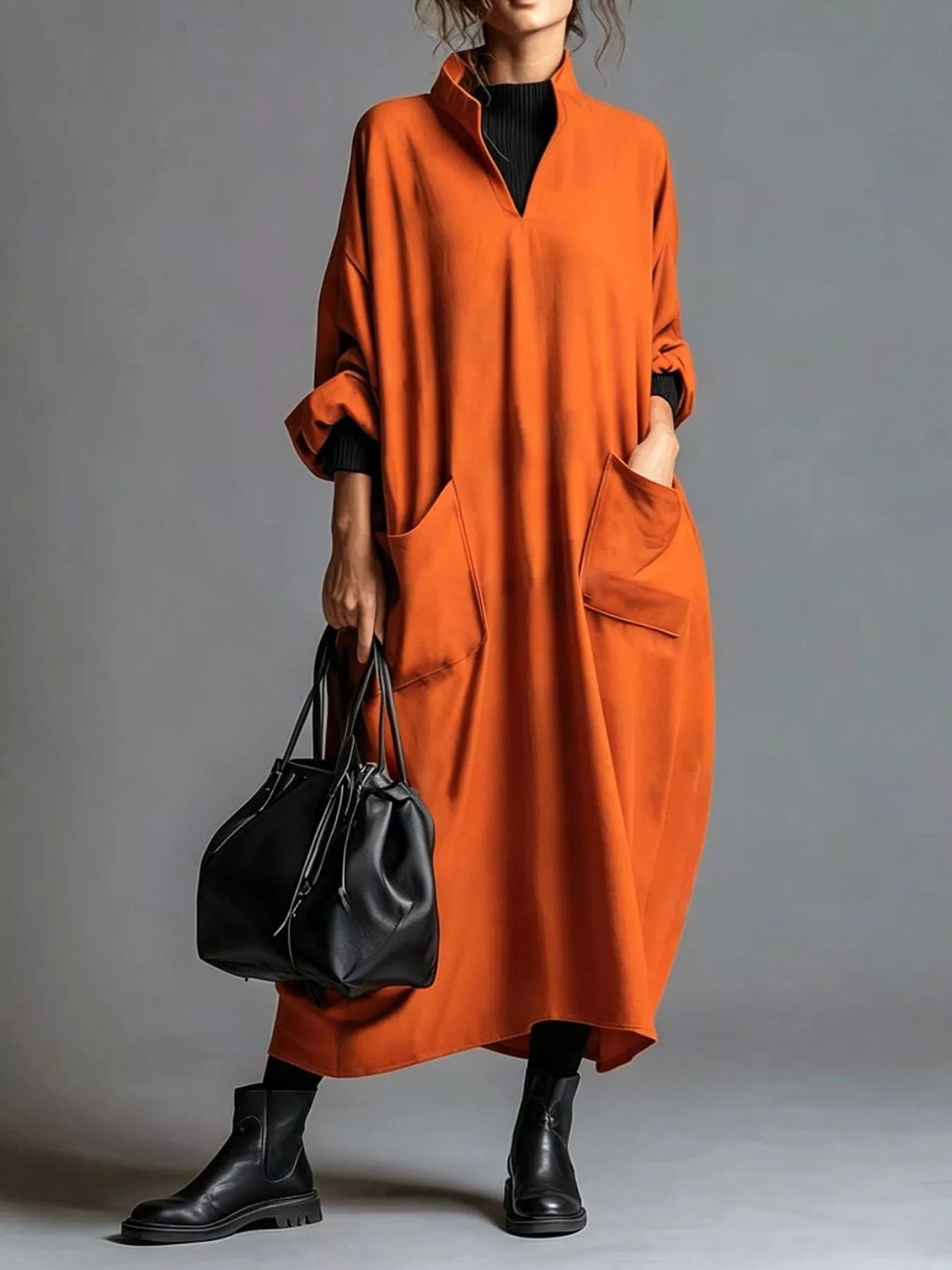 Full Size Loose-Fit Mock Neck Midi Dress with Pockets Plus Size