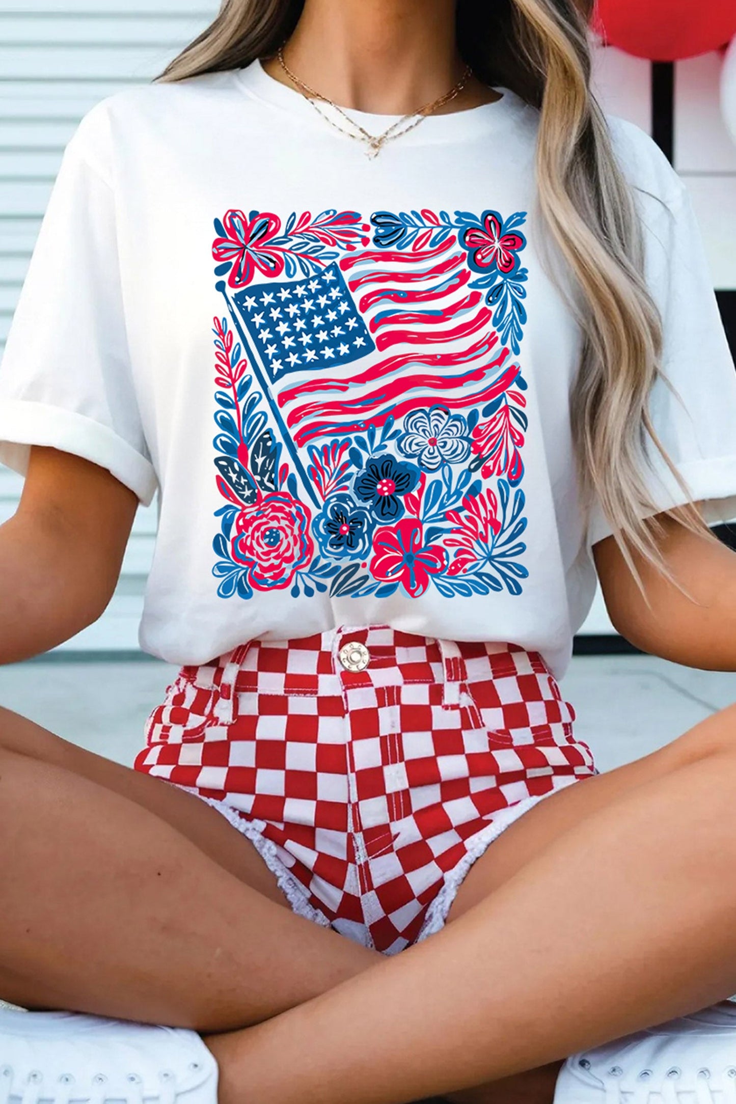 White Floral Flag Aesthetics Patriotic Graphic T Shirt