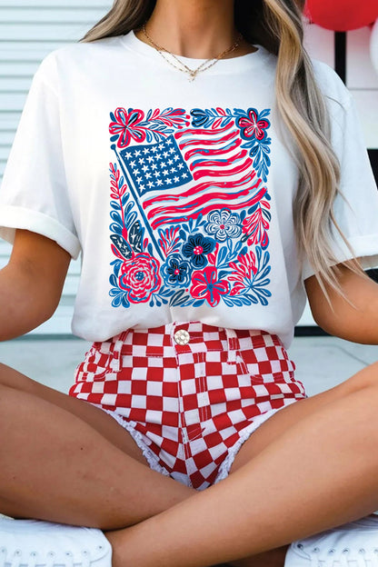 White Floral Flag Aesthetics Patriotic Graphic T Shirt