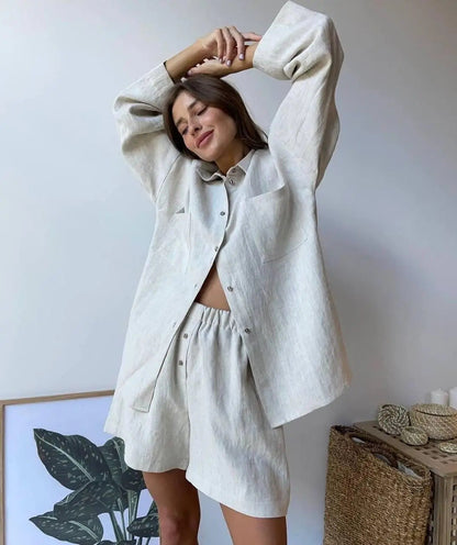 Loose Solid Color Long Sleeves Shirt and Shorts Suit