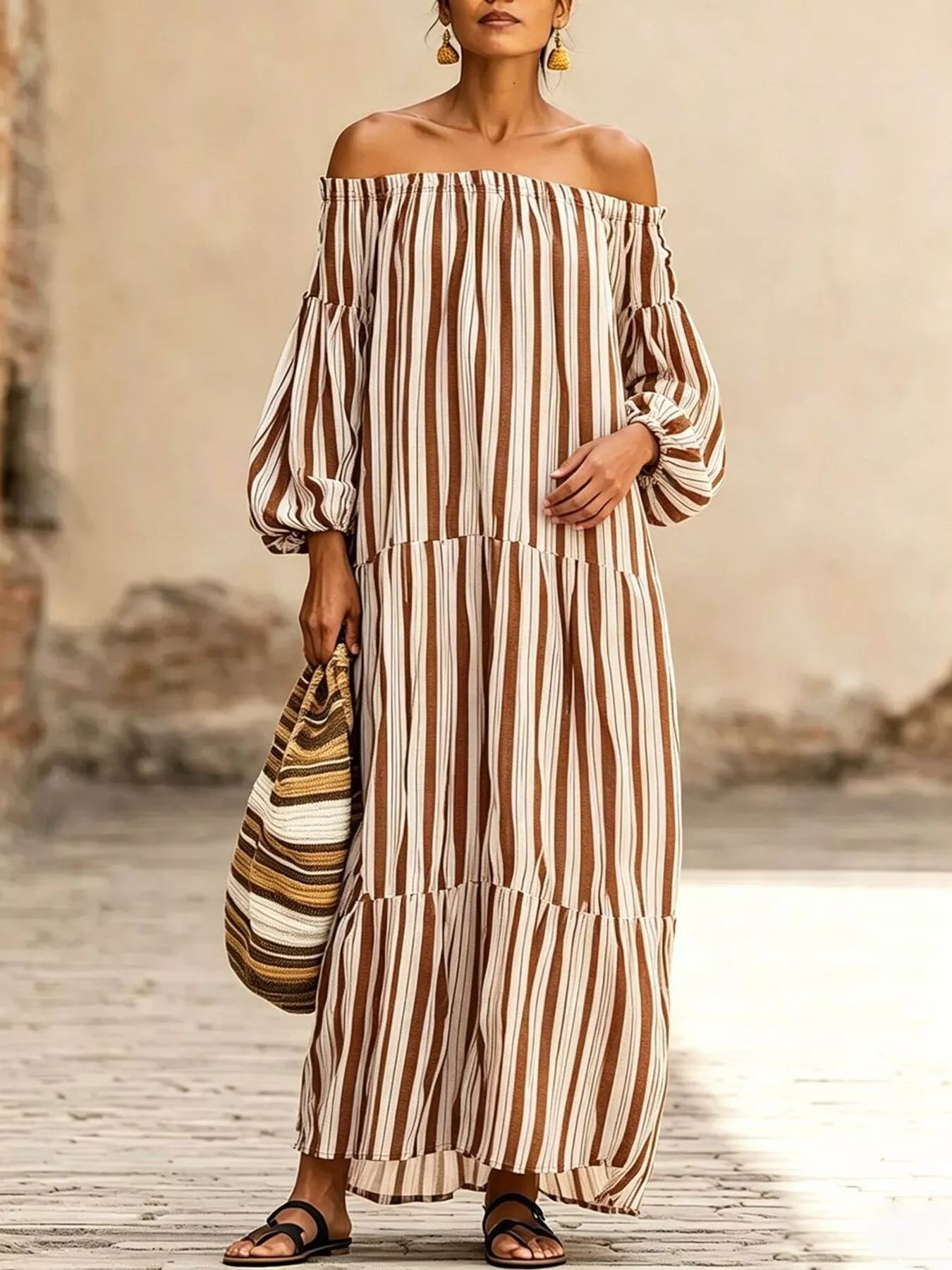Off-Shoulder Striped Maxi Dress