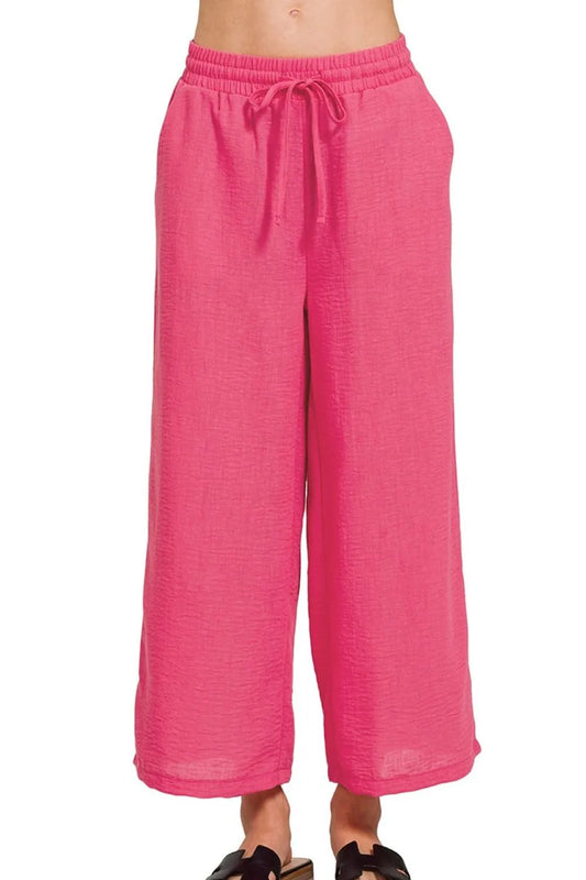 Zenana Woven Crepe Elastic Band Waist Cropped Pants