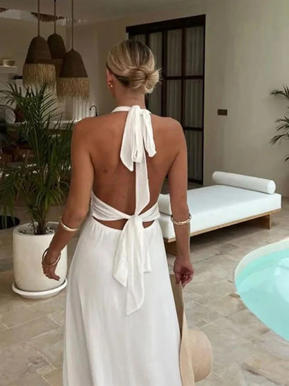 Sexy V-neck Backless Waist Tie High Slit Maxi Dress