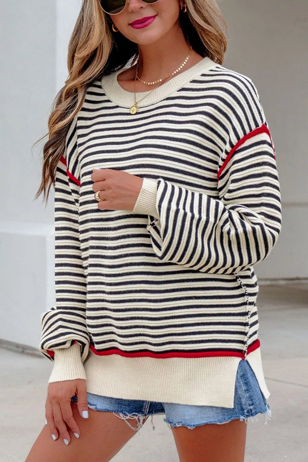 Stripe Ribbed Trim Drop Shoulder Oversized Sweater