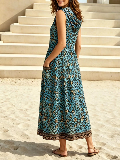 Leopard Zip Front Hooded Dress