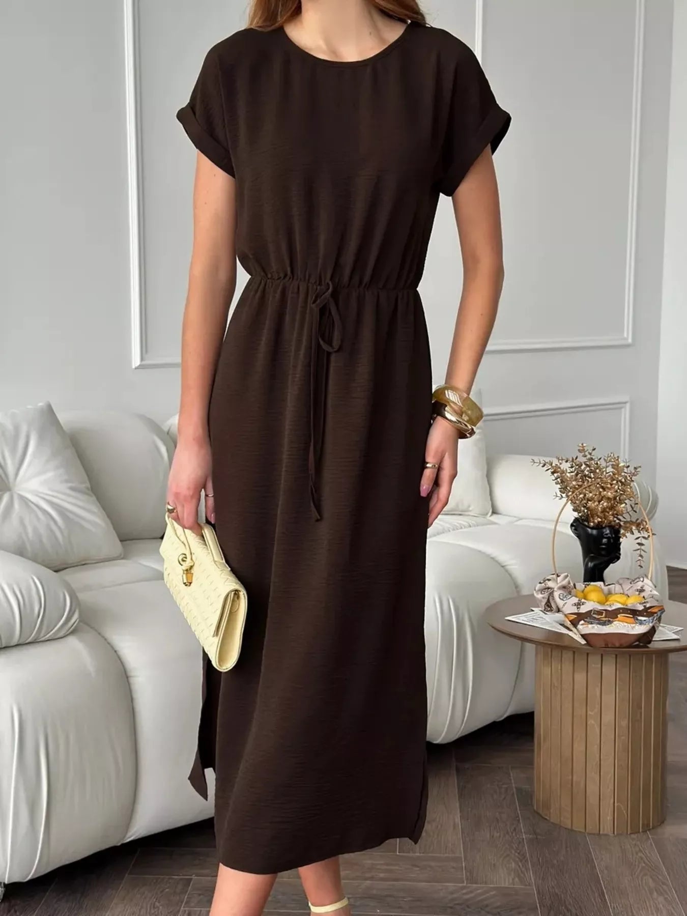 Casual Drawstring Waist Midi Dress