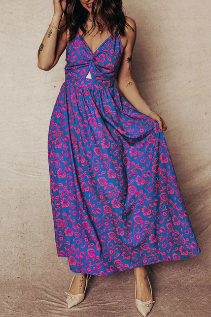 Floral Print Twisted V Neck Tied Backless Maxi Dress
