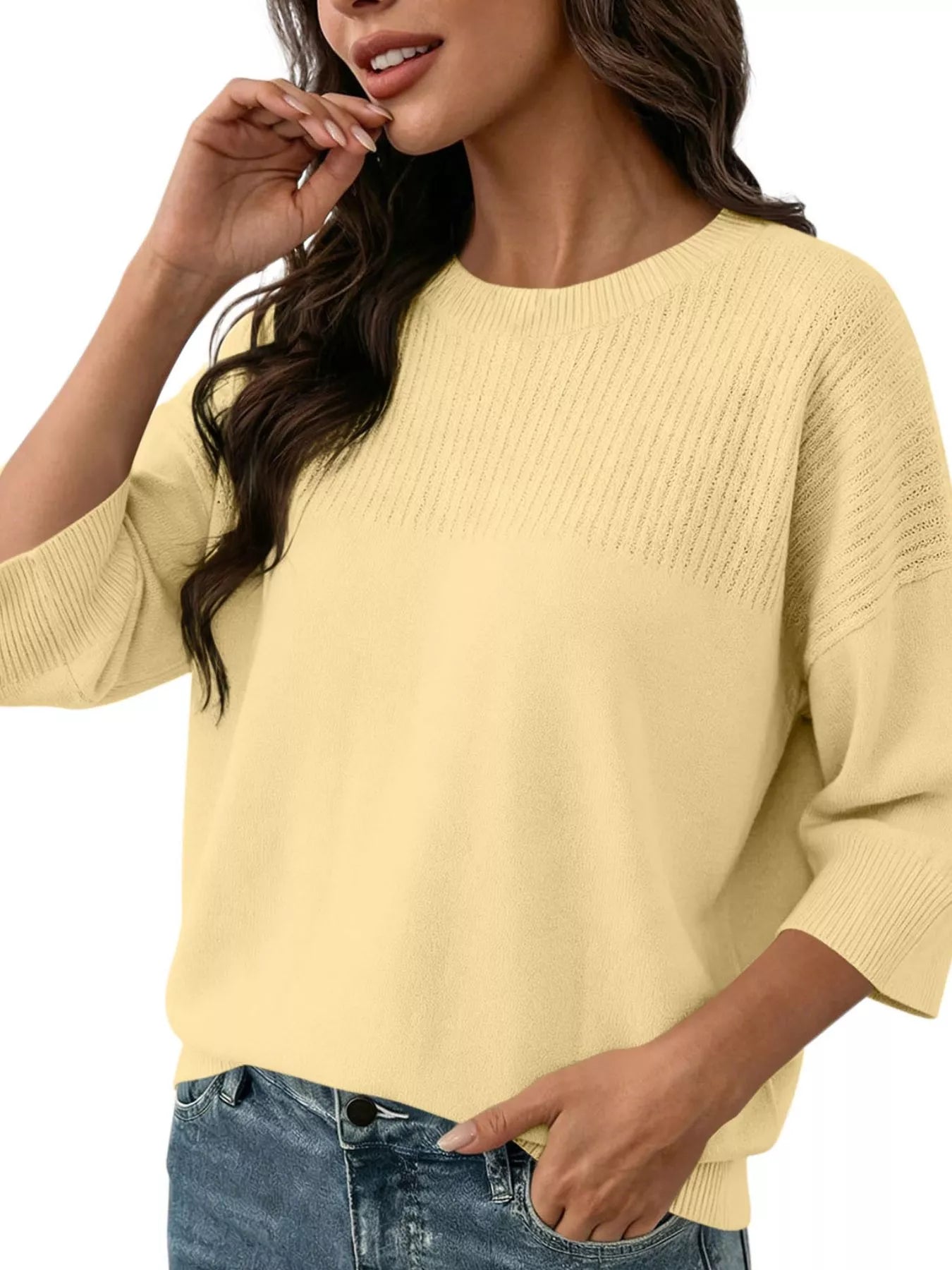 Elegant Crew Neck Eyelet Ribbed Sweater