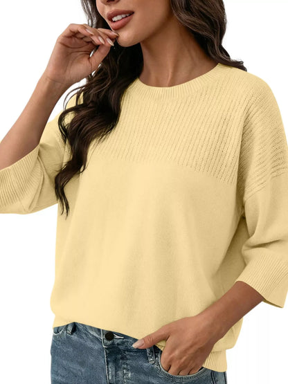 Elegant Crew Neck Eyelet Ribbed Sweater