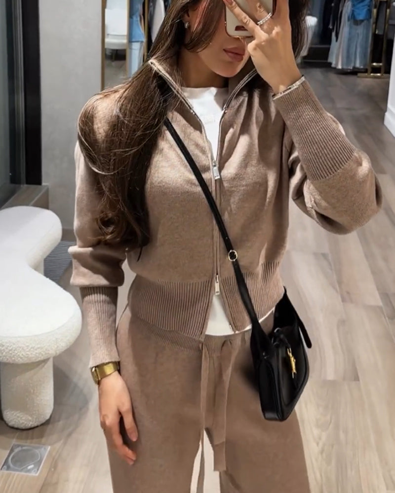 Casual Comfortable Solid Color Knitted Jacket & Pants Two-Piece Set