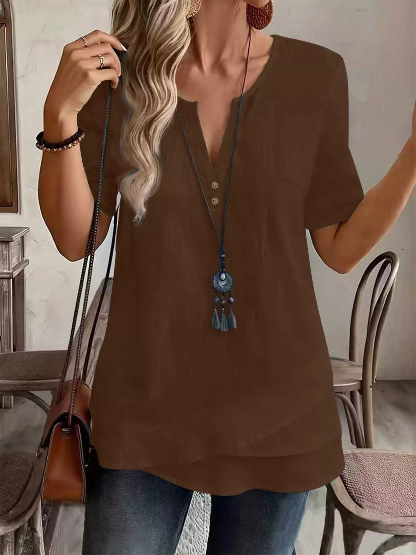Notched Short Sleeve Blouse
