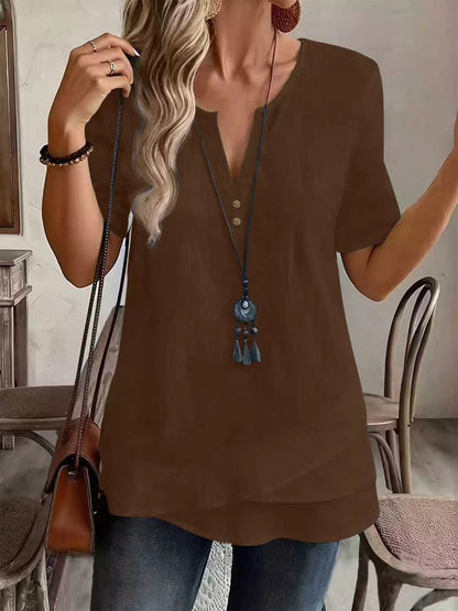 Notched Short Sleeve Blouse