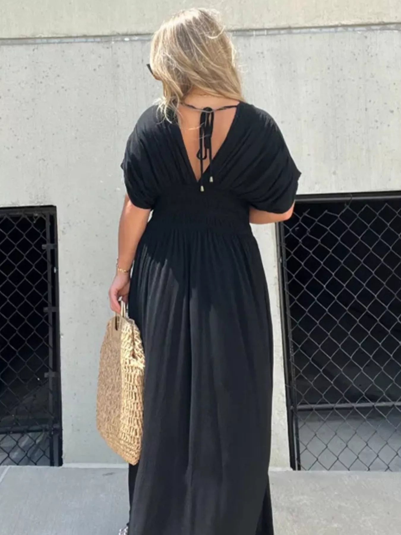 Full Size Slit V-Neck Smocked Waist Maxi Dress Plus Size