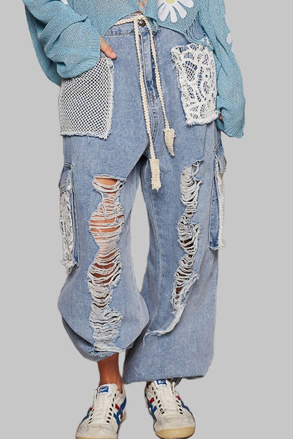 Blue Zone Planet | Pol Crochet Patch Distressed Washed Jeans